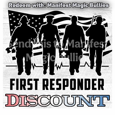 Are you New to Manifest Magic Bullies?  We offer a Discount all year around!  MMBK Appreciate all of you & everything you do for our country communities & We salute you 🙏🏼  🙌🏼Active military, VETERANS, RETIREES, Military Spouses. 🇺🇸  💪🏼Active and Retired First Reaponders: This applies for - Nurses, Doctors, fire, Police, telecom employees of such departments & anyone I missed on the front lines! 🚨